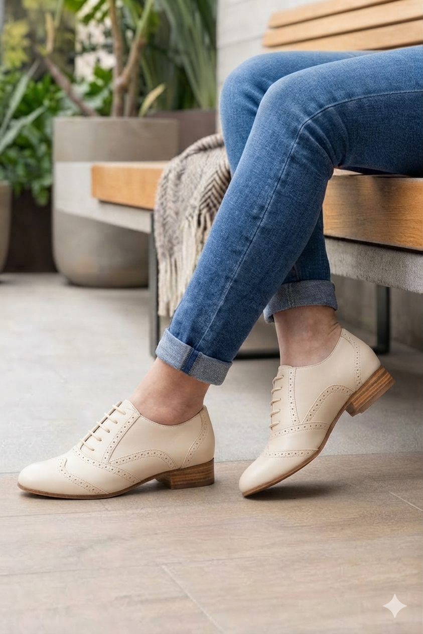 Women's ivory white sophisticated lace-up shoes with round toe and leather sole - Worn view